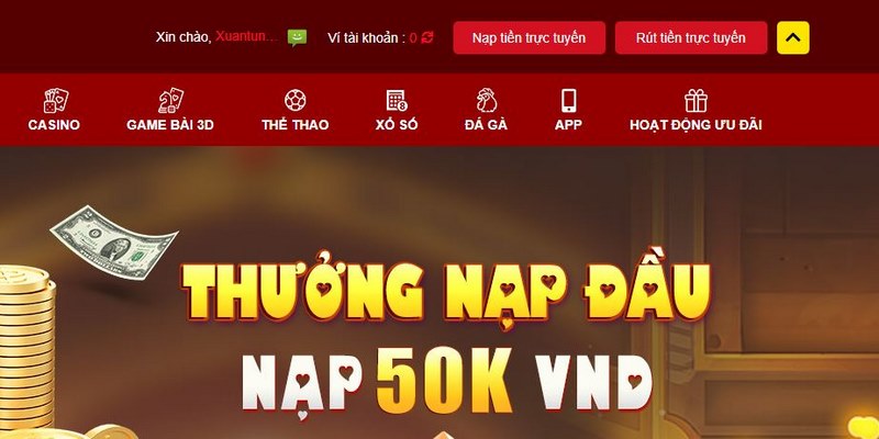 Chọn vào Nạp tiền trực tuyến tại trang chủ dễ dàng